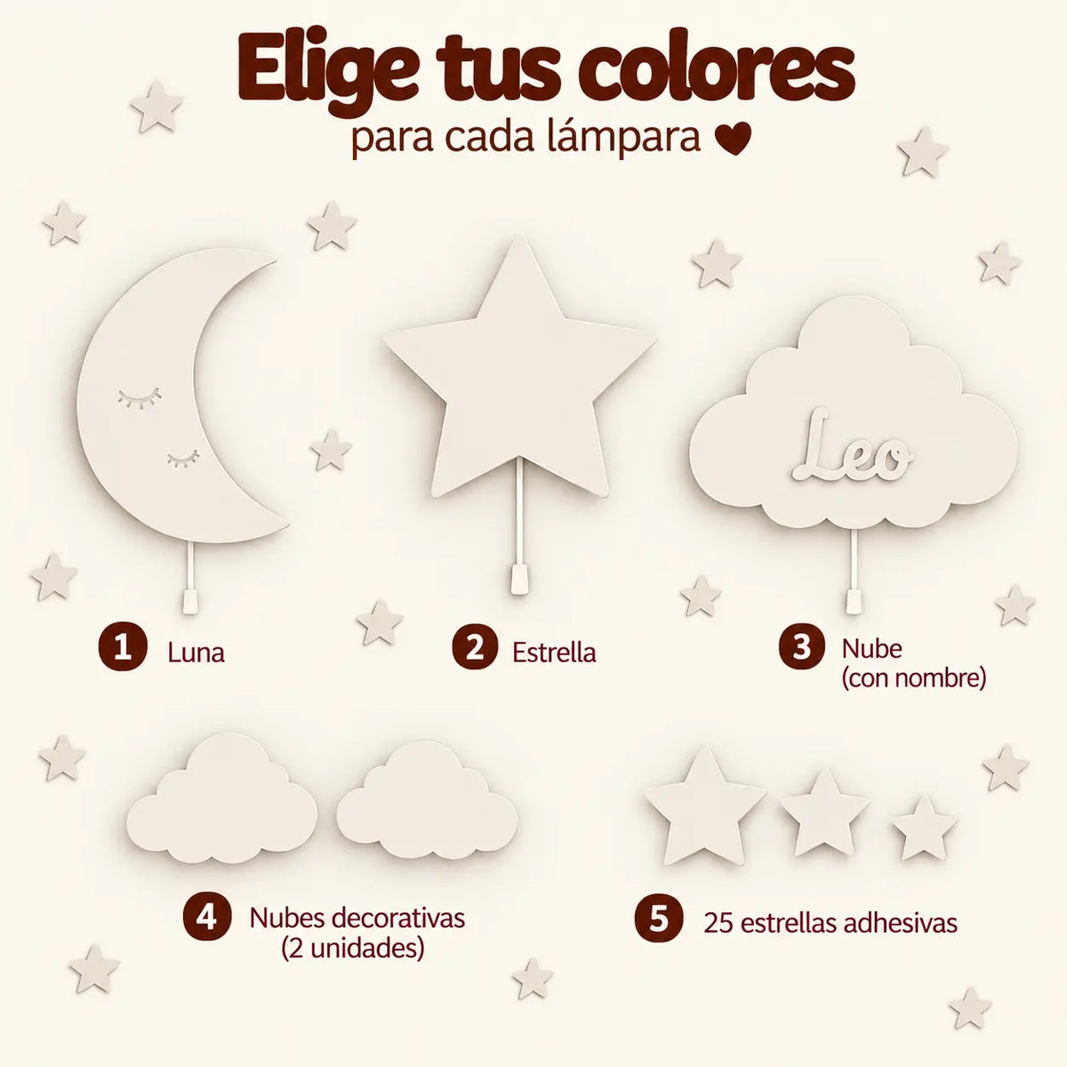 Llámparas de madera, infantiles de luna, estrellas y nube personalizada con nombre en colores neutros.