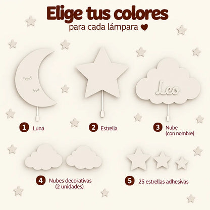 Llámparas de madera, infantiles de luna, estrellas y nube personalizada con nombre en colores neutros.