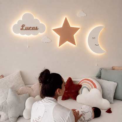 Decoración de habitación de bebé con lámparas infantiles de luna, estrellas y nube personalizada con nombre.