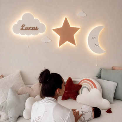 Decoración de habitación de bebé con lámparas infantiles de luna, estrellas y nube personalizada con nombre.