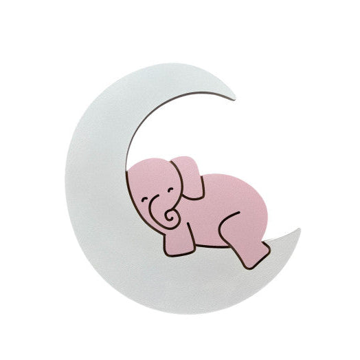 Lámpara infantil de madera con un elefante sobre la luna, pintada a mano con pintura a base de agua para habitación infantil.