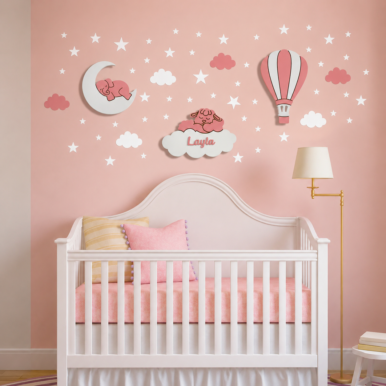 Lámpara infantil de madera personalizada con nombre, pintada a mano, perfecta para decorar la habitación del bebé, ideal para regalo de nacimiento, bautizo y cumpleaños.