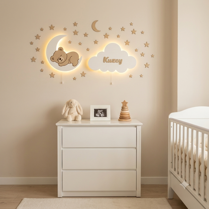 Lámpara de pared con forma de nube personalizada con nombre, pintada a mano y con luz LED para habitación infantil.