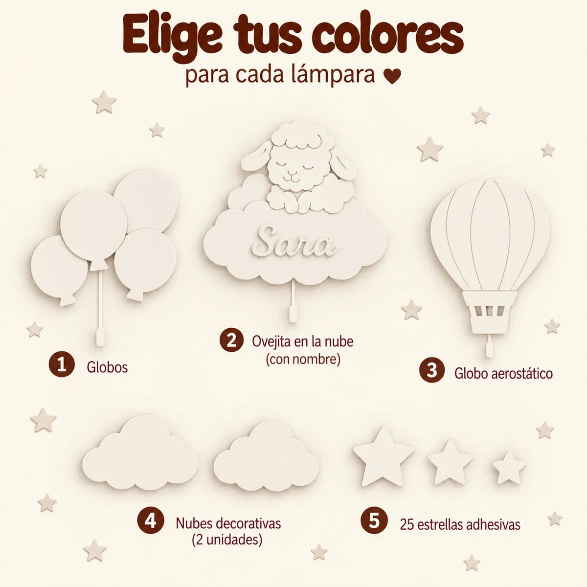 Habitación infantil decorada con set de 3 lámparas de madera: globos nube personalizada con luz LED. Decoración de pared en tonos rosa y blanco.