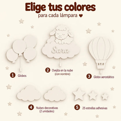 Habitación infantil decorada con set de 3 lámparas de madera: globos nube personalizada con luz LED. Decoración de pared en tonos rosa y blanco.