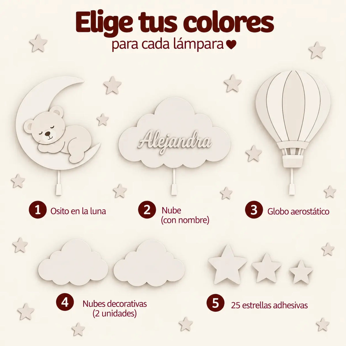 Lámparas infantiles personalizadas de oso sobre luna, nube y globo aerostático en una habitación de bebé. Un regalo ideal para bebé, bautizo, cumpleaños y baby shower