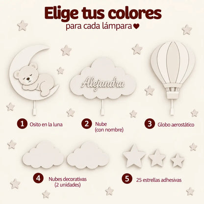 Lámparas infantiles personalizadas de oso sobre luna, nube y globo aerostático en una habitación de bebé. Un regalo ideal para bebé, bautizo, cumpleaños y baby shower