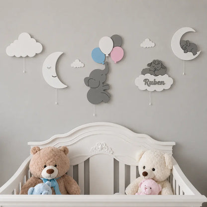 6 lámparas bebé con luna, elefante, globos, oveja sobre la nube y nube personalizada con nombre. Decoración de pared iluminada para habitación de bebé.