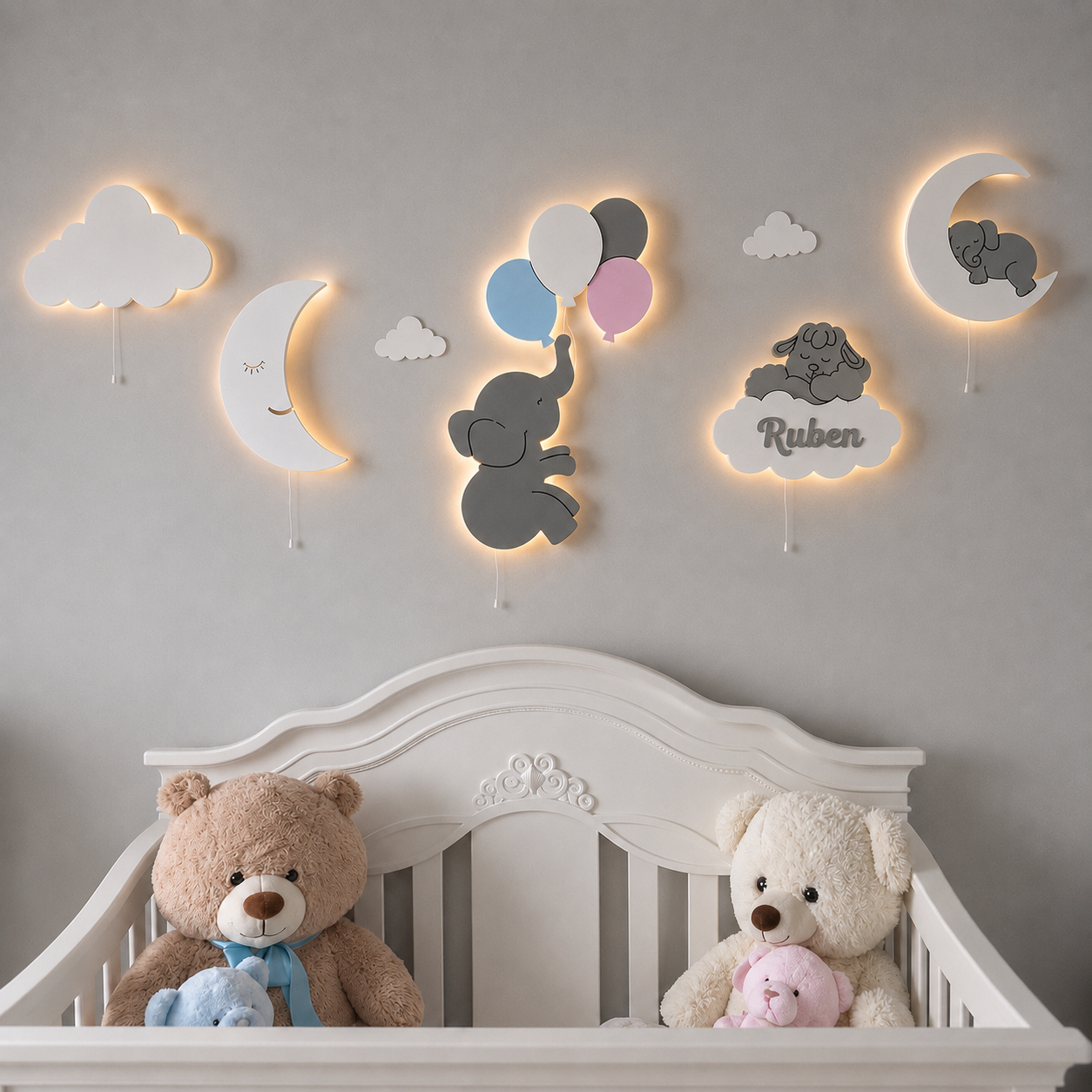 5 lámparas infantiles con luna, elefante, globos, oveja sobre la nube y nube personalizada con nombre. Decoración de pared iluminada para habitación de bebé.