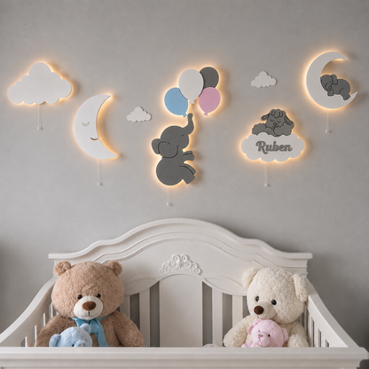 5 lámparas infantiles con luna, elefante, globos, oveja sobre la nube y nube personalizada con nombre. Decoración de pared iluminada para habitación de bebé.