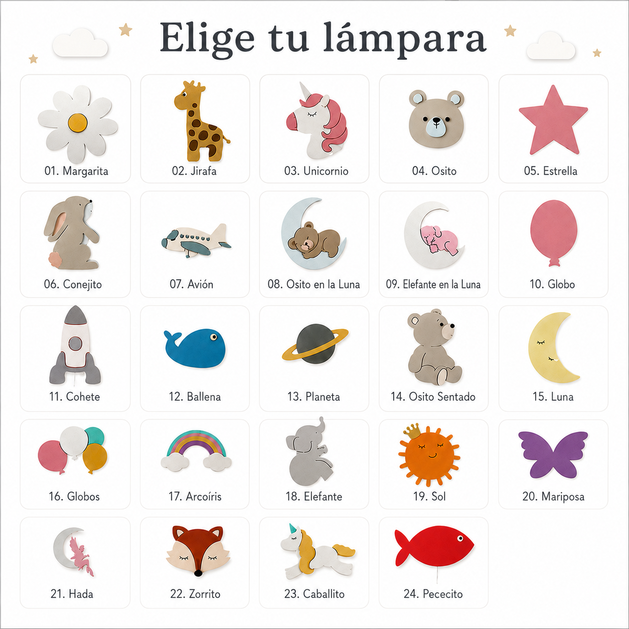 Catálogo de lámparas infantiles personalizadas con diseños pintados a mano y luz LED para habitación de bebé.