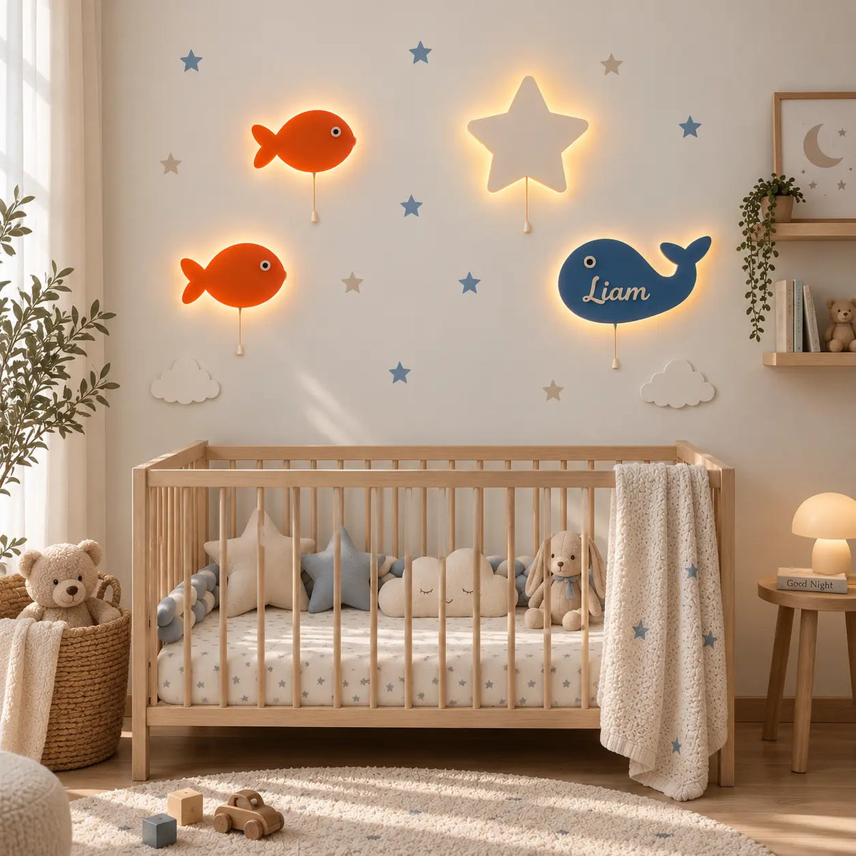 Habitación de bebé decorada con set de 4 lámparas infantiles de pared de madera: Peces y estrella.