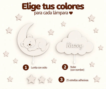 Set de 2 lámparas infantiles con oso en la luna y nube, personalizada con nombre. 