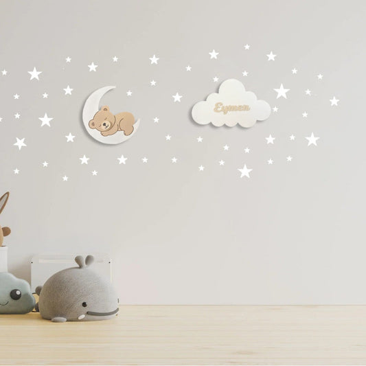 Set de 2 lámparas infantiles de madera con osito sobre la luna y nube personalizada con nombre, pintadas a mano con pintura a base de agua para una habitación infantil acogedora.