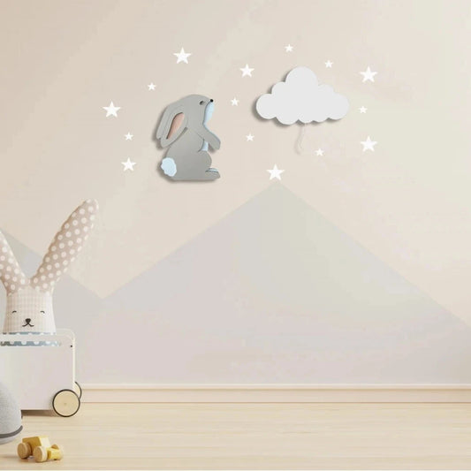 Set de 2 lámparas infantiles de madera con conejito y nube, pintadas a mano con pintura a base de agua para habitación infantil.
