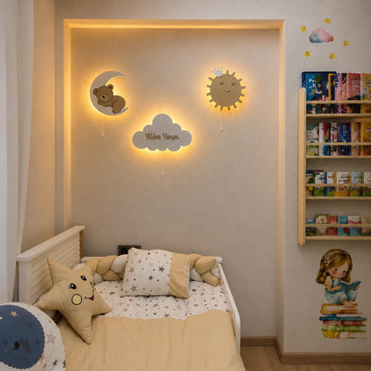 Set de 3 lámparas infantiles de madera con nube personalizada, oso sobre la luna y sol.