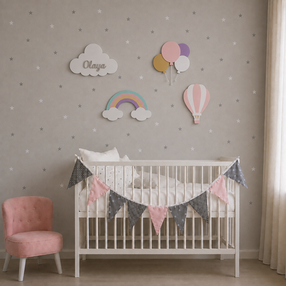 Set de 4 lámparas de pared infantiles con nube personalizada con nombre, arcoíris, globos y globo aerostático, pintadas a mano para la decoración de la habitación del bebé, ideal para regalo de nacimiento, bautizo y cumpleaños.