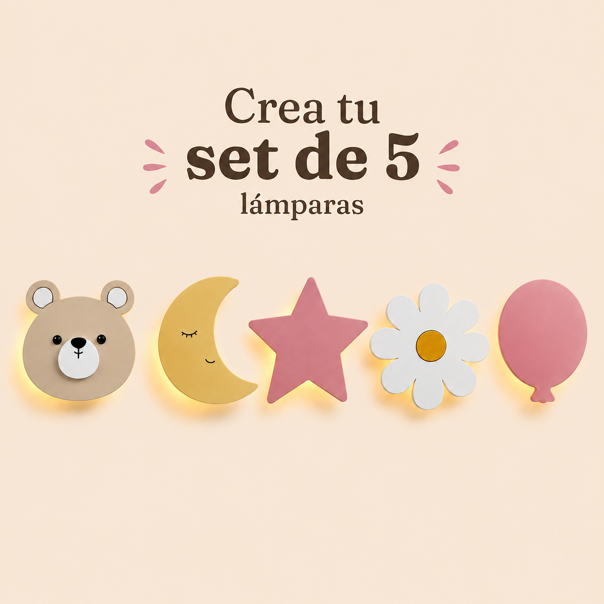 Set de 5 lámparas infantiles de madera sin cables con luz LED para la decoración de pared de la habitación de bebé, personalizables y fabricadas con materiales no tóxicos. Regalo original para baby shower, nacimiento y bautizo.