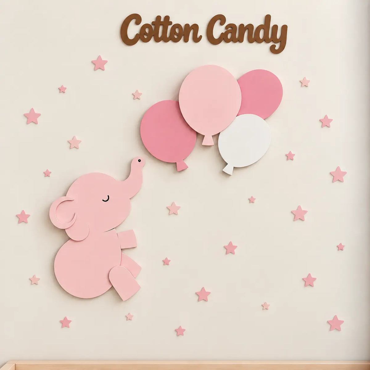 Set de 2 lámparas infantiles con elefante y globos. Decoración de pared iluminada para habitación de bebé color cotton candy.