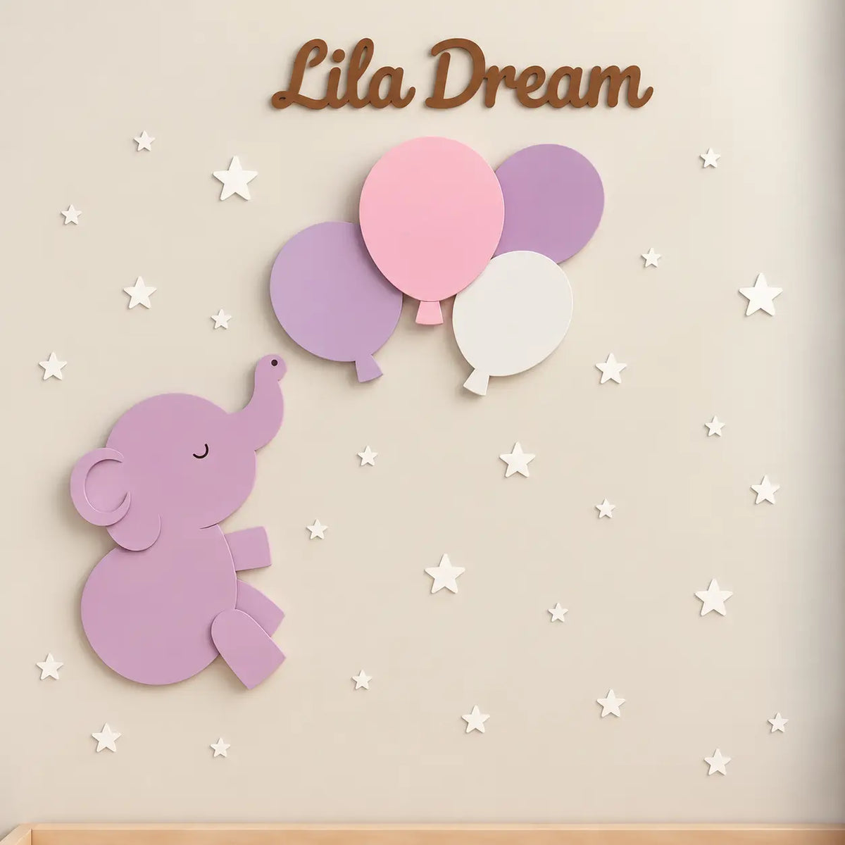 Set de 2 lámparas infantiles con elefante y globos. Decoración de pared iluminada para habitación de bebé color lila y rosa.