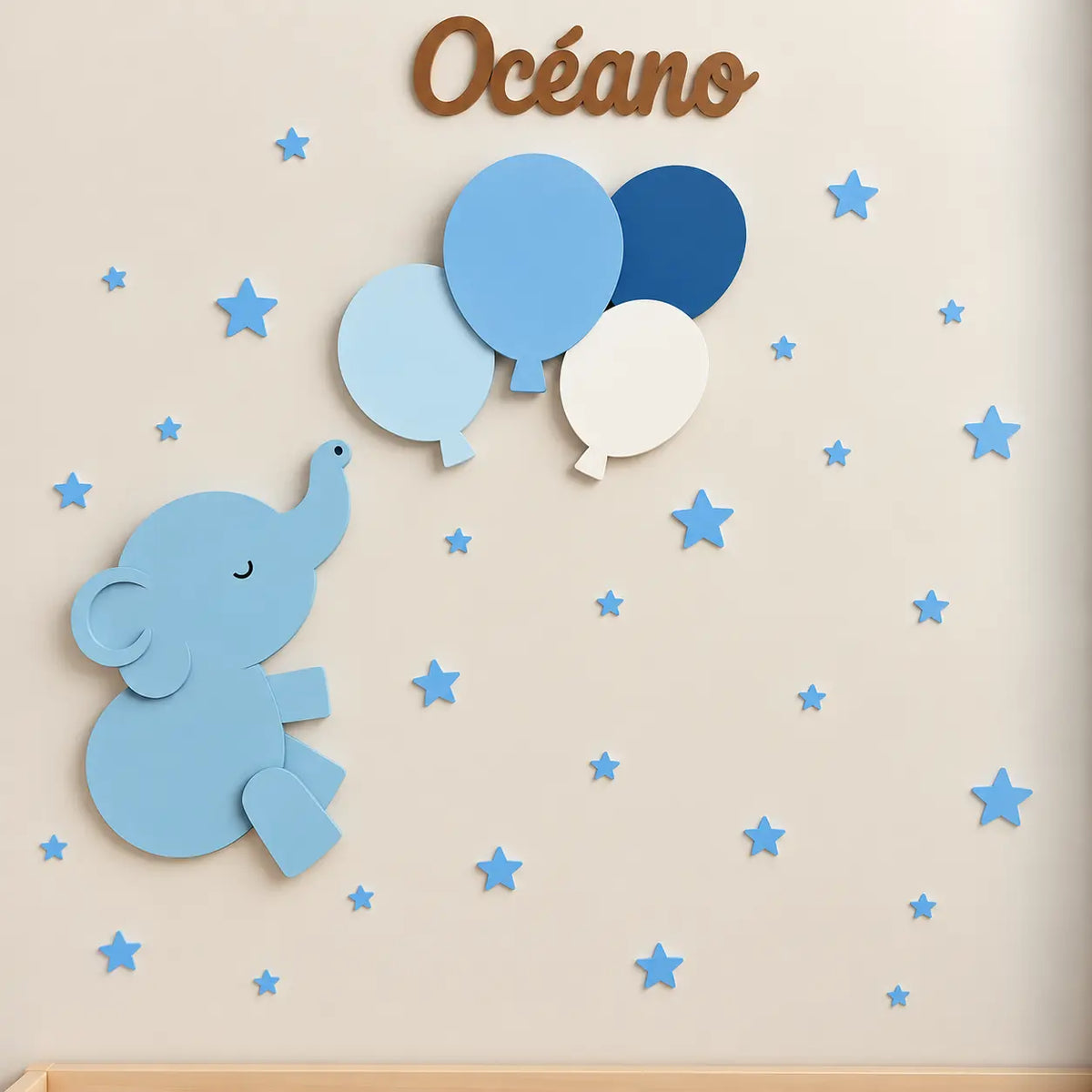 Set de 2 lámparas infantiles con elefante y globos. Decoración de pared iluminada para habitación de bebé color oceano.