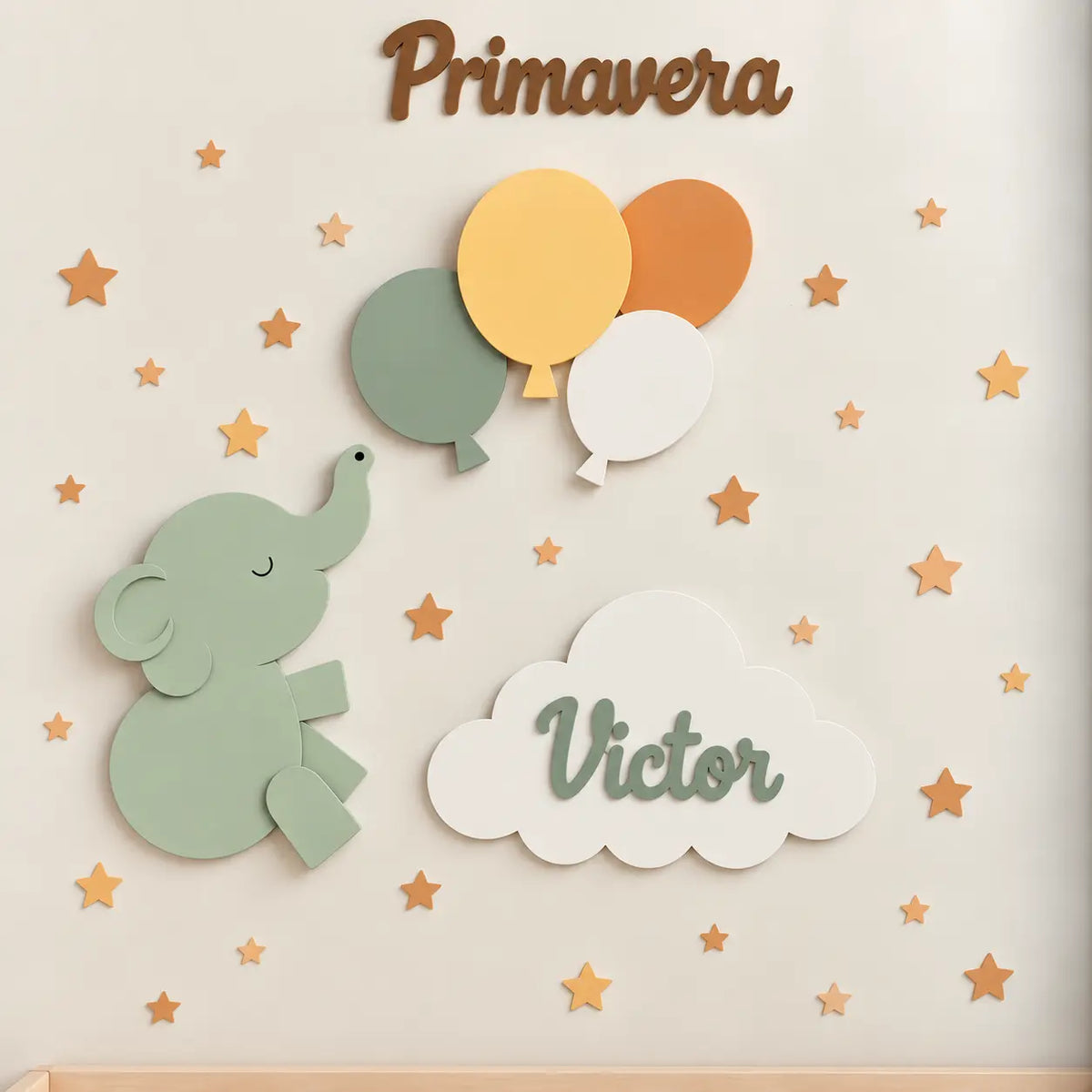 Set de 2 lámparas infantiles con elefante y globos. Decoración de pared iluminada para habitación de bebé color primavera.