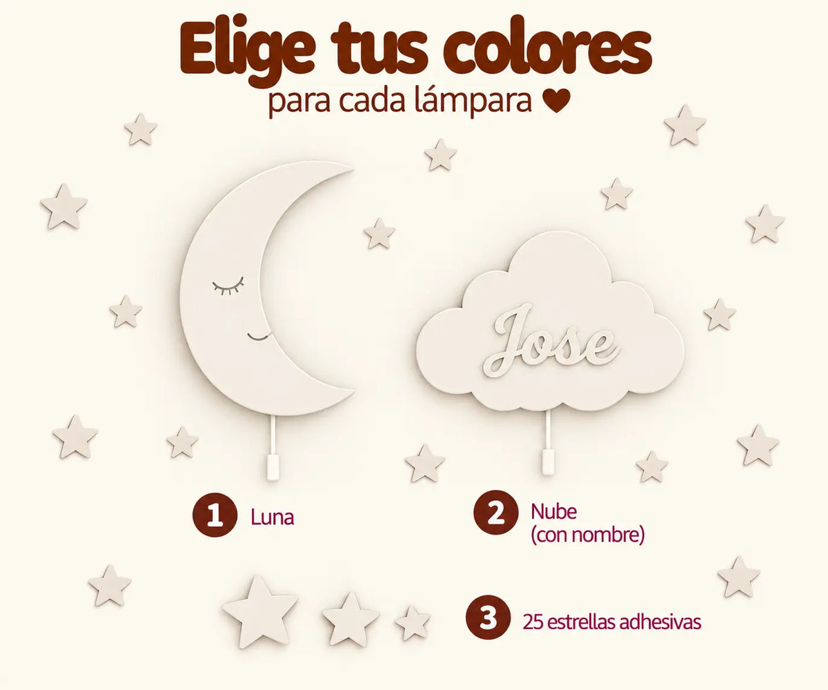 Lámparas de madera infantil y bebé, lunita y nube personalizada con nombre. 
