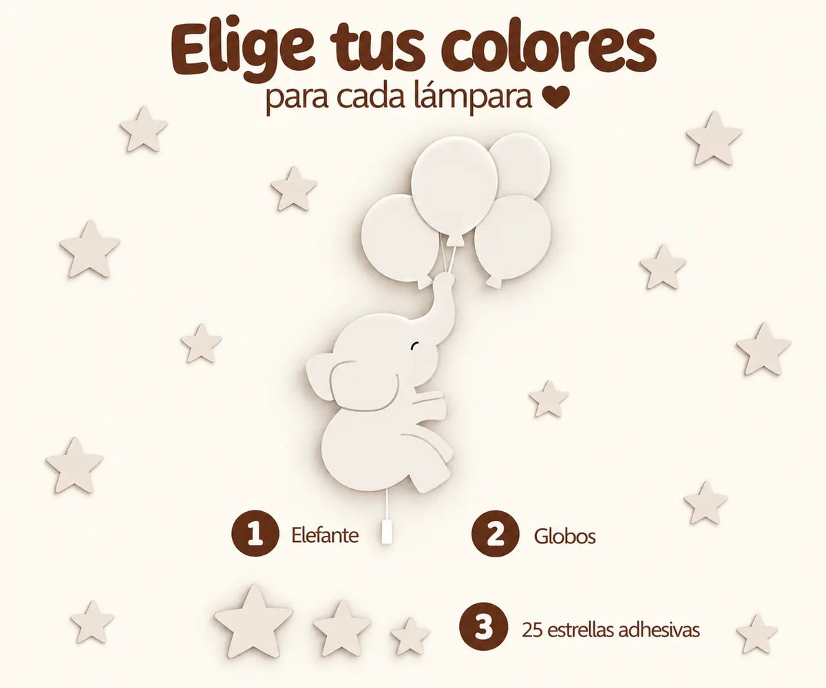 Set de 2 lámparas infantiles con elefante y globos. Personalizados con color. Decoración de pared iluminada para habitación de bebé.