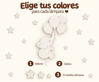 Set de 2 lámparas infantiles con elefante y globos. Personalizados con color. Decoración de pared iluminada para habitación de bebé.