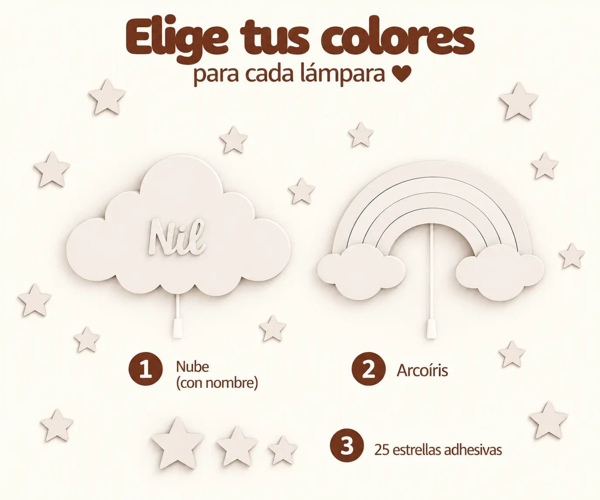 Set de 2 lámparas de madera, 
infantiles con arcoíris y nube personalizada con nombre. 