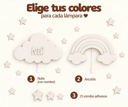 Set de 2 lámparas de madera, 
infantiles con arcoíris y nube personalizada con nombre. 