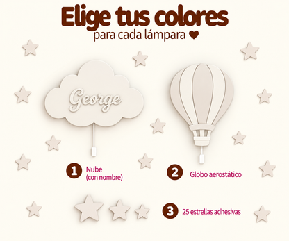 Set de 2 lámparas infantiles con globo aerostático y nube personalizada con nombre. Decoración de pared iluminada para habitación de bebé en tonos neutros.