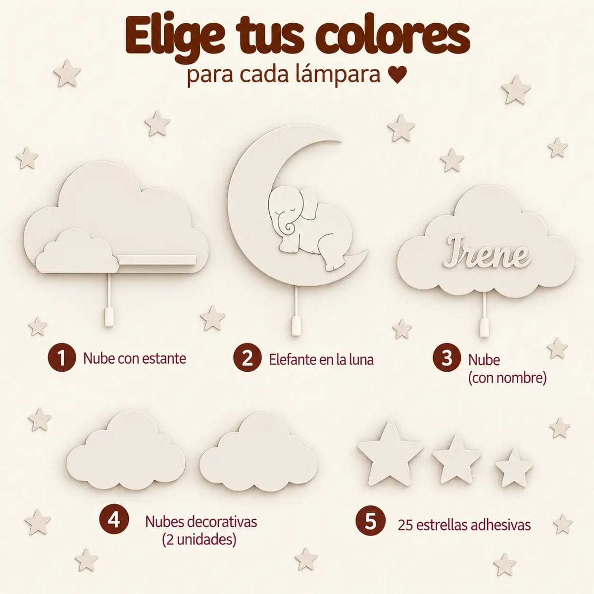 Lámparas de madera y de pared infantil con estante nube iluminado, lámpara de elefantito sobre la luna y nube personalizada con nombre para habitación de bebé.