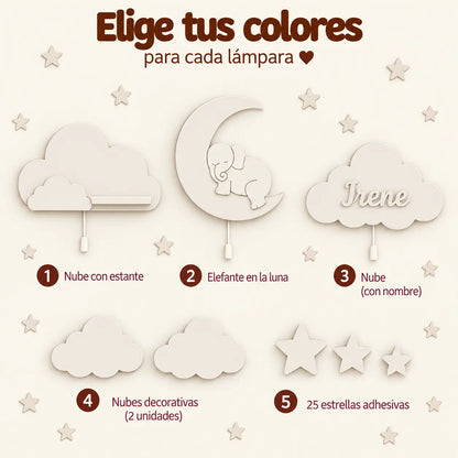Lámparas de madera y de pared infantil con estante nube iluminado, lámpara de elefantito sobre la luna y nube personalizada con nombre para habitación de bebé.