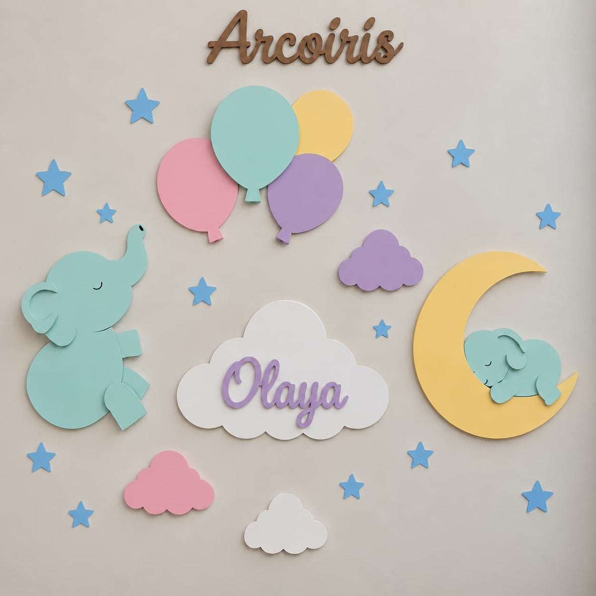 Set de lámparas infantiles personalizadas con elefante, globos, elefante sobre luna y nube con nombre para habitación de bebé, colores de arcoíris. 