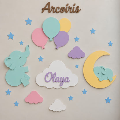Set de lámparas infantiles personalizadas con elefante, globos, elefante sobre luna y nube con nombre para habitación de bebé, colores de arcoíris. 