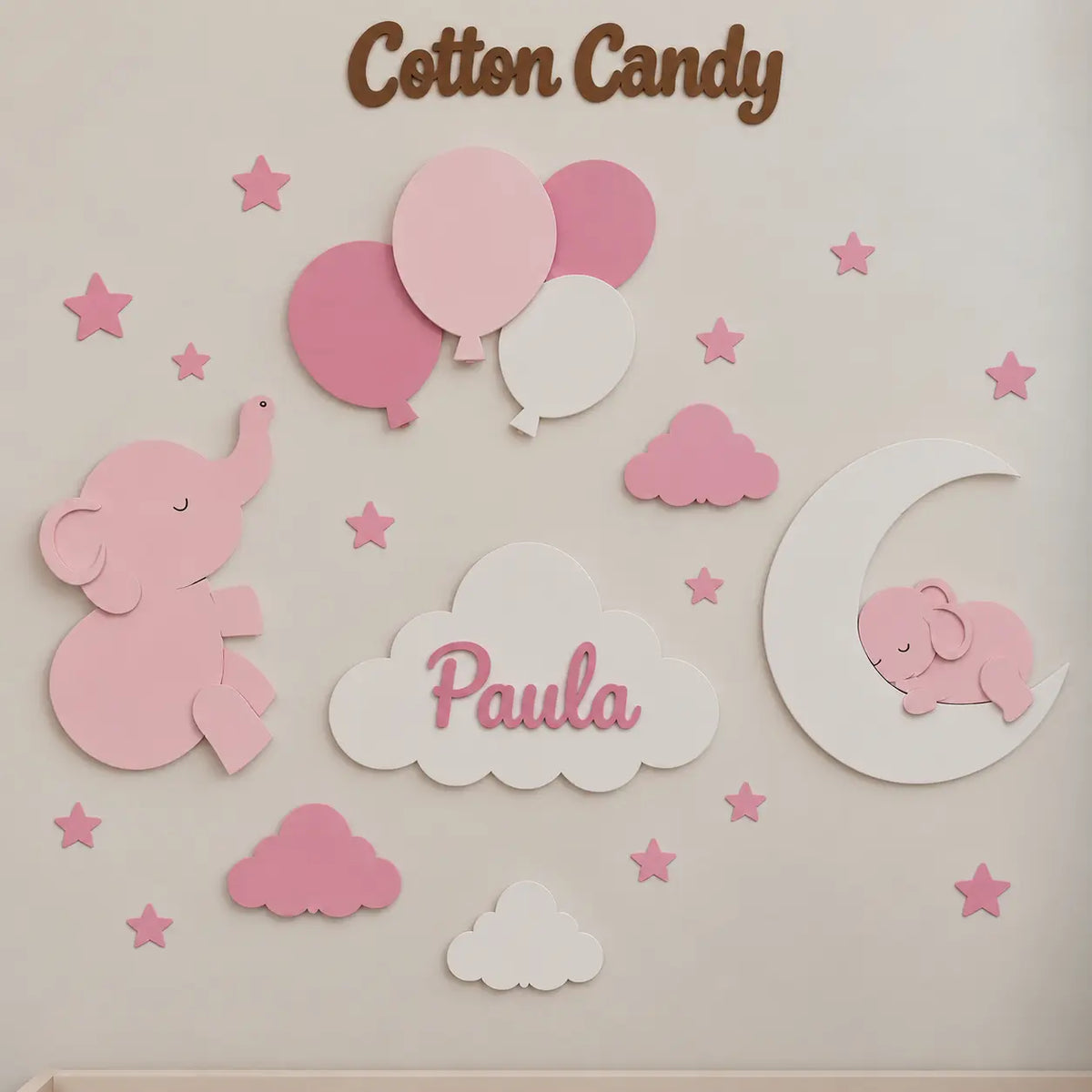 Set de lámparas infantiles personalizadas con elefante, globos, elefante sobre luna y nube con nombre para habitación de bebé, colores de cotton candy. 