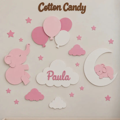Set de lámparas infantiles personalizadas con elefante, globos, elefante sobre luna y nube con nombre para habitación de bebé, colores de cotton candy. 