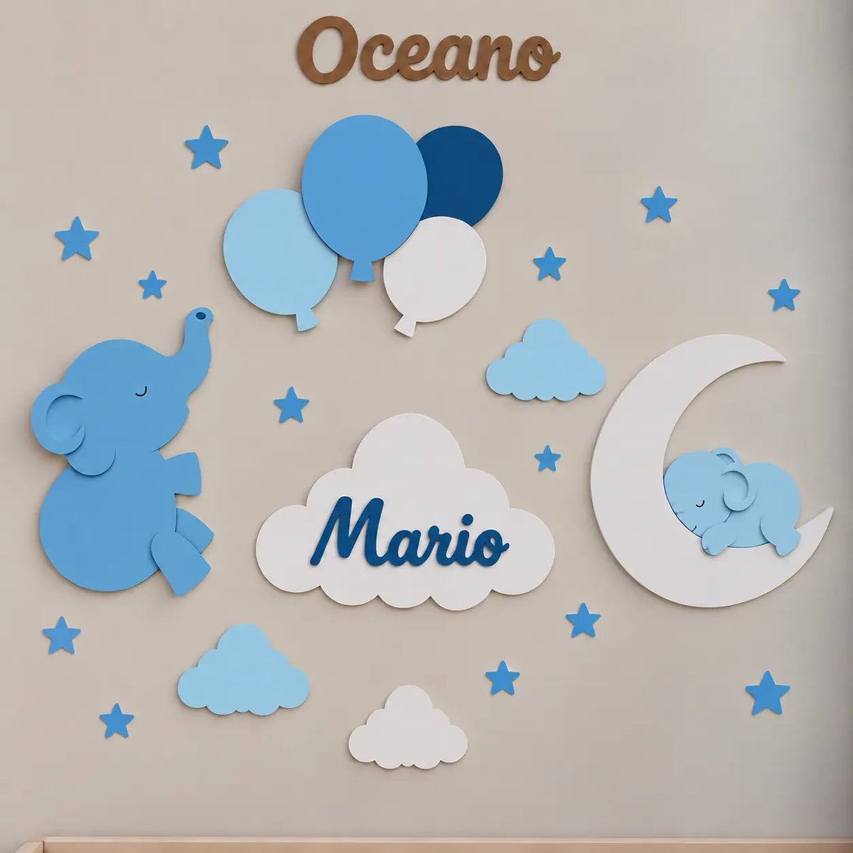 Set de lámparas infantiles personalizadas con elefante, globos, elefante sobre luna y nube con nombre para habitación de bebé, colores oceano. 