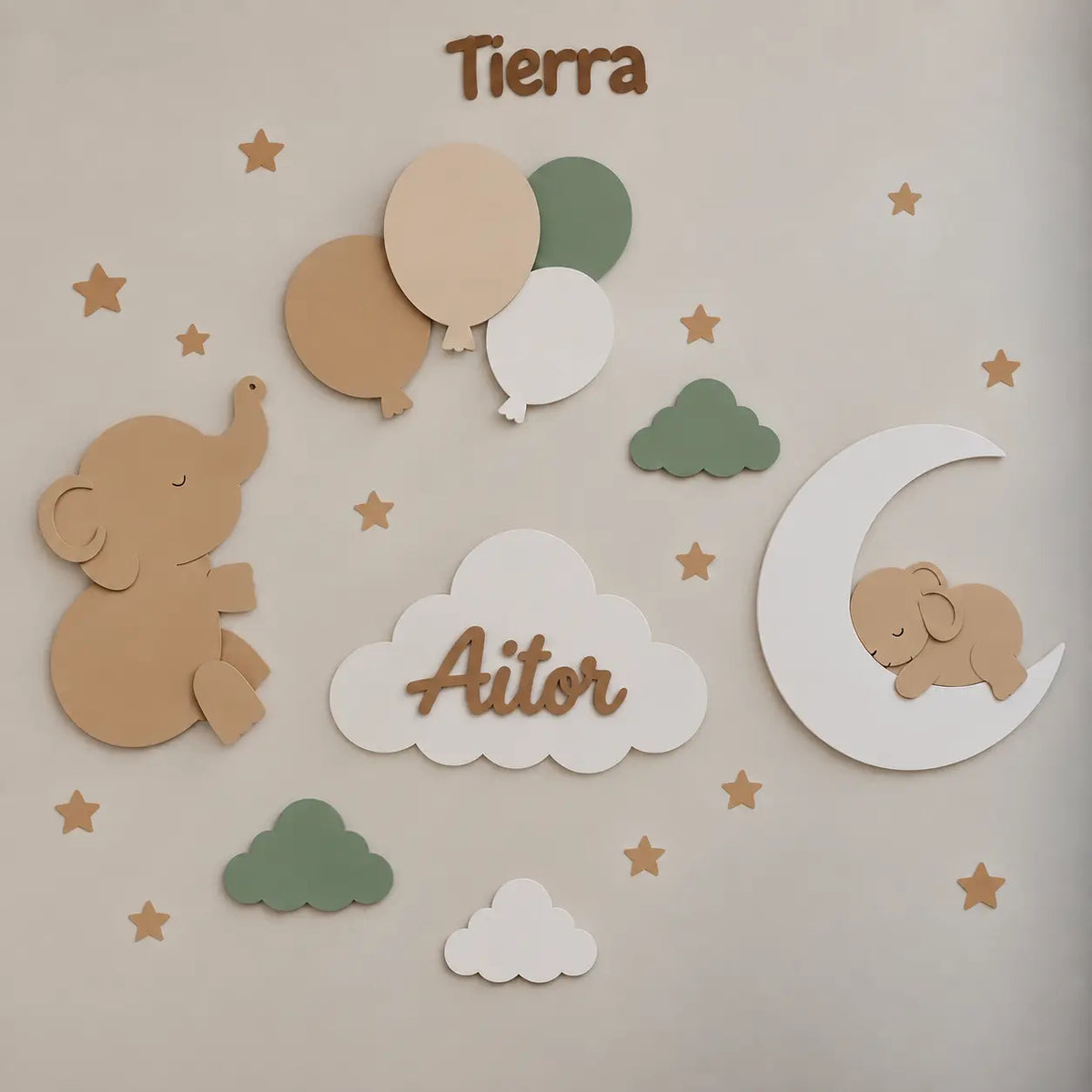 Set de lámparas infantiles personalizadas con elefante, globos, elefante sobre luna y nube con nombre para habitación de bebé, colores de tierra. 