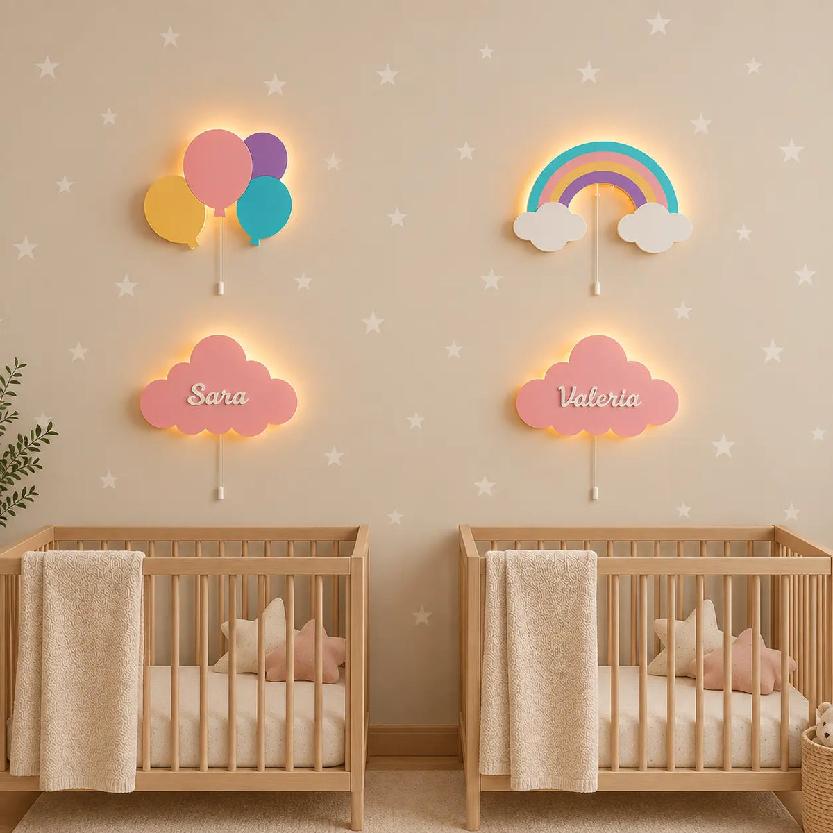 Set de 4 lámparas infantiles personalizadas con globos, arcoíris y nube con nombre, para gemelos y gemelas.