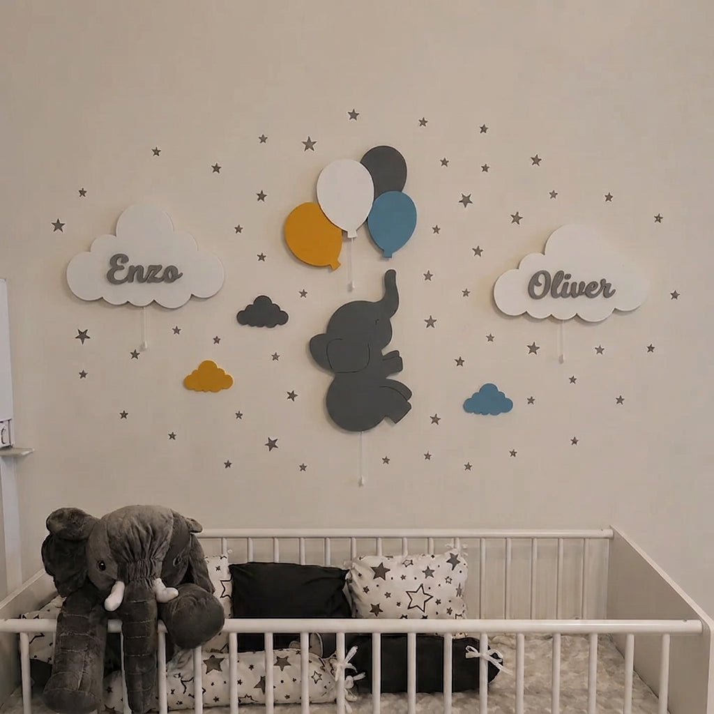Set de 4 lámparas bebé personalizadas con colores y nombre con colores azúl, amarillo, gris. 