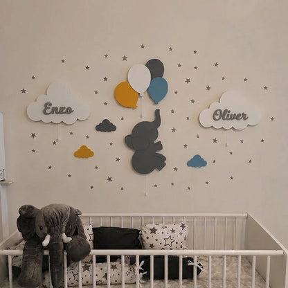 Set de 4 lámparas bebé personalizadas con colores y nombre con colores azúl, amarillo, gris. 