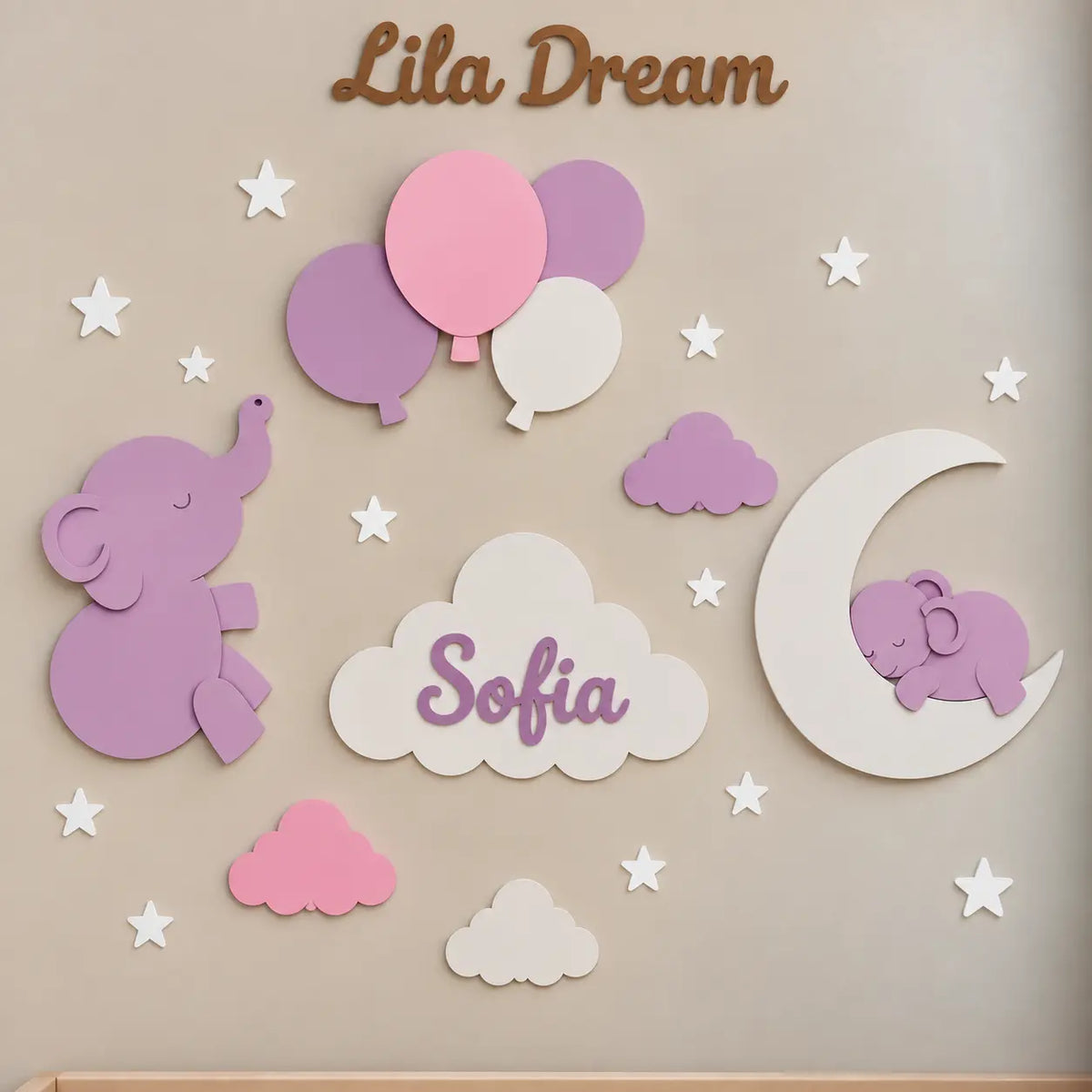 Set de lámparas infantiles personalizadas con elefante, globos, elefante sobre luna y nube con nombre para habitación de bebé, color lila. 