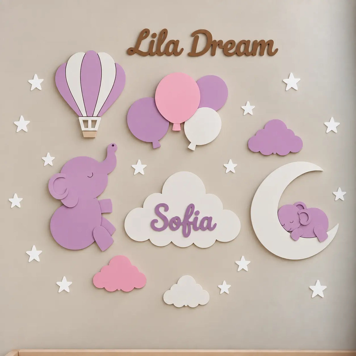 Conjunto de lámparas de pared LED infantiles con elefante, globo aerostático, globos, luna y nubes, incluyendo una nube personalizada con el nombre y tonos de primavera. Decoración cálida y acogedora para una habitación bebé. 