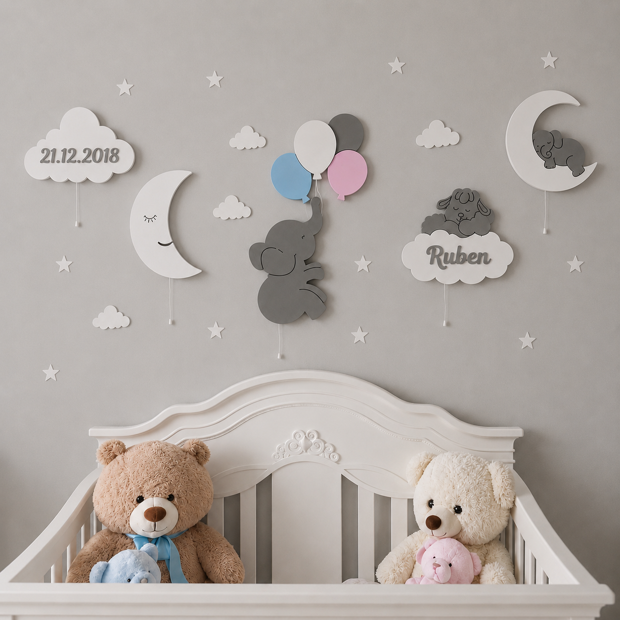 Set de 5 lámparas infantiles con luna, elefante, globos, oveja sobre la nube y nube personalizada con nombre. Decoración de pared iluminada para habitación de bebé.
