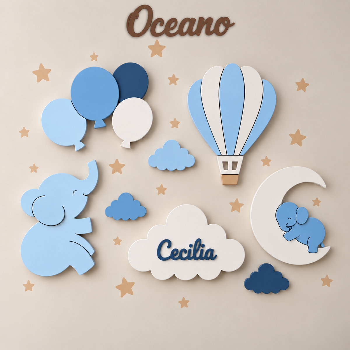 Conjunto de lámparas de pared LED infantiles con elefante, globo aerostático, globos, luna y nubes, incluyendo una nube personalizada con el nombre y tonos de oceano. Decoración cálida y acogedora para una habitación bebé. 