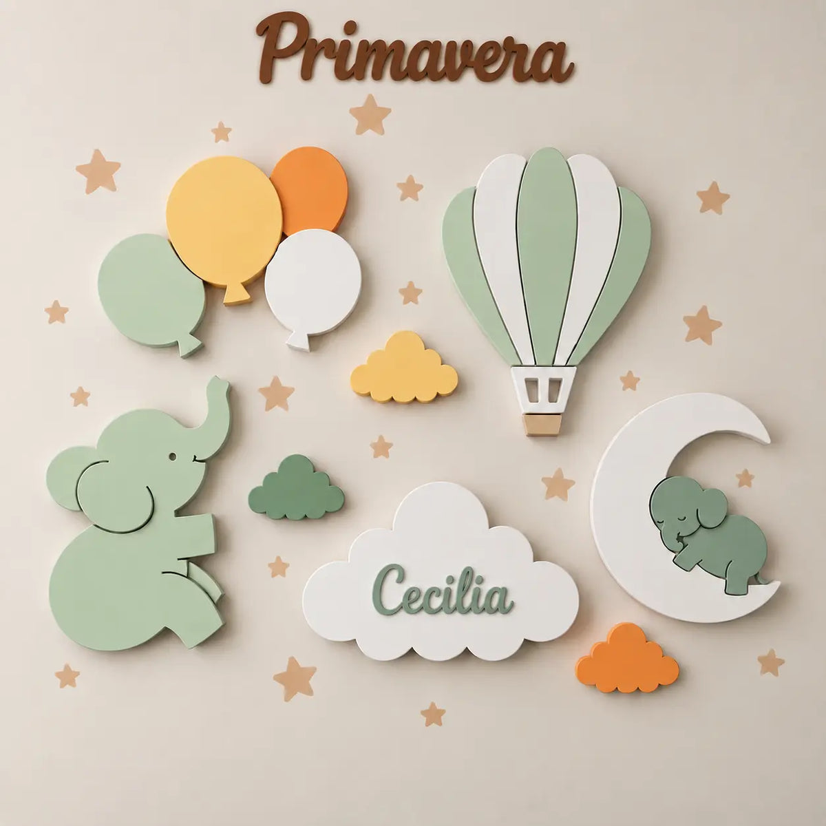 Conjunto de lámparas de pared LED infantiles con elefante, globo aerostático, globos, luna y nubes, incluyendo una nube personalizada con el nombre y tonos de primavera. Decoración cálida y acogedora para una habitación bebé. 