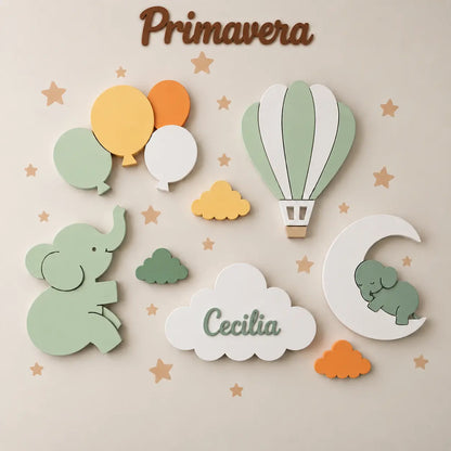Conjunto de lámparas de pared LED infantiles con elefante, globo aerostático, globos, luna y nubes, incluyendo una nube personalizada con el nombre y tonos de primavera. Decoración cálida y acogedora para una habitación bebé. 