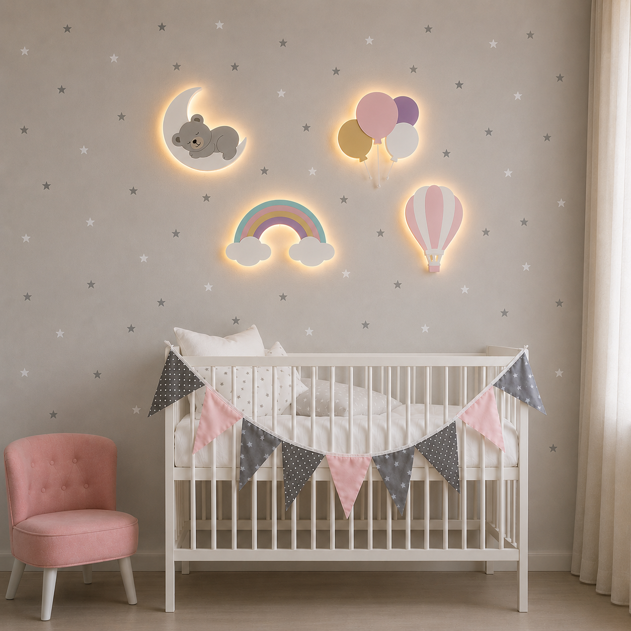 Set de 4 lámparas de pared infantiles con nube personalizada, arcoíris, globos y globo aerostático, pintadas a mano para decoración de bebé y habitación infantil.